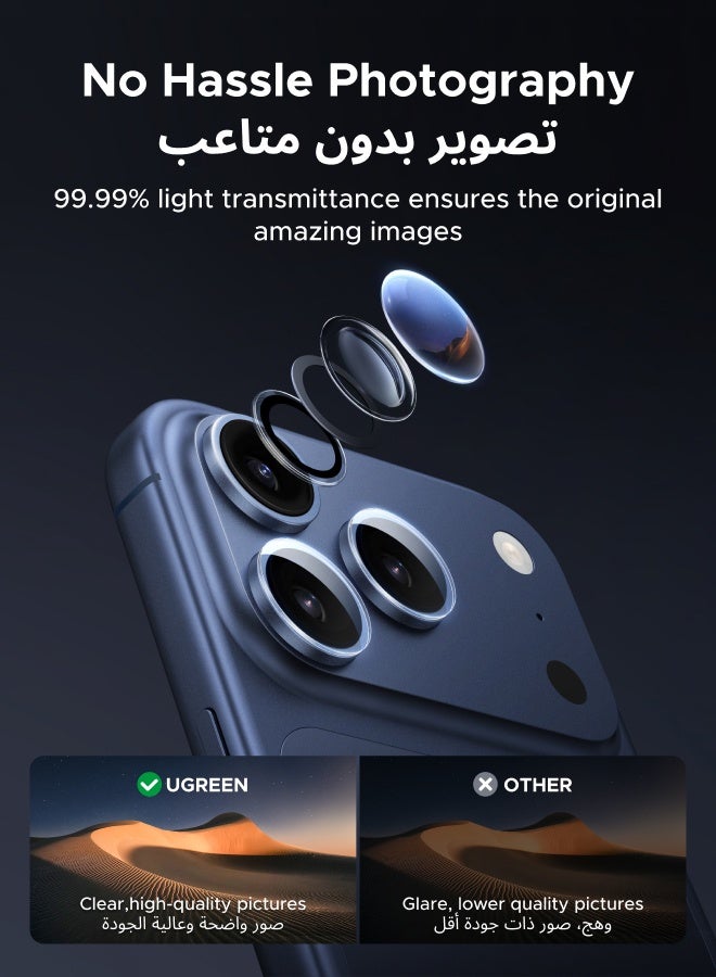 يو جرين واقي عدسة كاميرا آيفون 17 برو/ برو ماكس فائق الوضوح، مضاد للخدش، سهل التركيب، فتحات دقيقة، لاصق لا يترك بقايا، متوافق مع معظم الجرابات، زجاج مقوى فائق النحافة، عبوة واحدة - Image 5