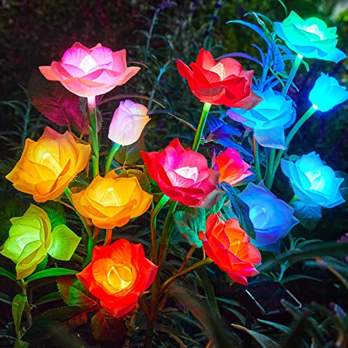 RECHOO Solar Garden Lights Outdoor Decorative, 3 Pack Solar Flower Lights with 15 Rose Flowers, Multi-Color Changing LED Waterproof Garden Decor for Patio Yard Pathway Decoration - Image 1