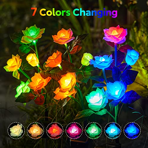 RECHOO Solar Garden Lights Outdoor Decorative, 3 Pack Solar Flower Lights with 15 Rose Flowers, Multi-Color Changing LED Waterproof Garden Decor for Patio Yard Pathway Decoration - Image 3