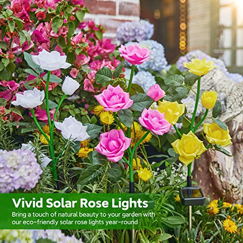 RECHOO Solar Garden Lights Outdoor Decorative, 3 Pack Solar Flower Lights with 15 Rose Flowers, Multi-Color Changing LED Waterproof Garden Decor for Patio Yard Pathway Decoration - Image 4