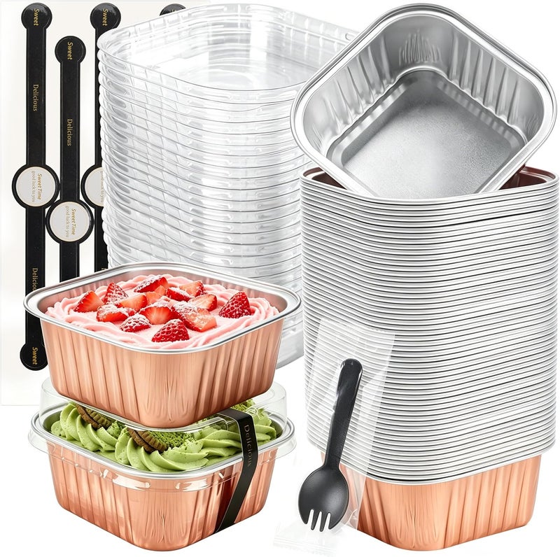 LOKQING NPLUX Mini Cake Pans with Lids, Spoons and Stickers, 50 Pack 5 oz Champagne Square Disposable Aluminum Foil Baking Pans for Brownies, Cheesecake, Pudding, Graduation Gifts Party Favors - Image 1