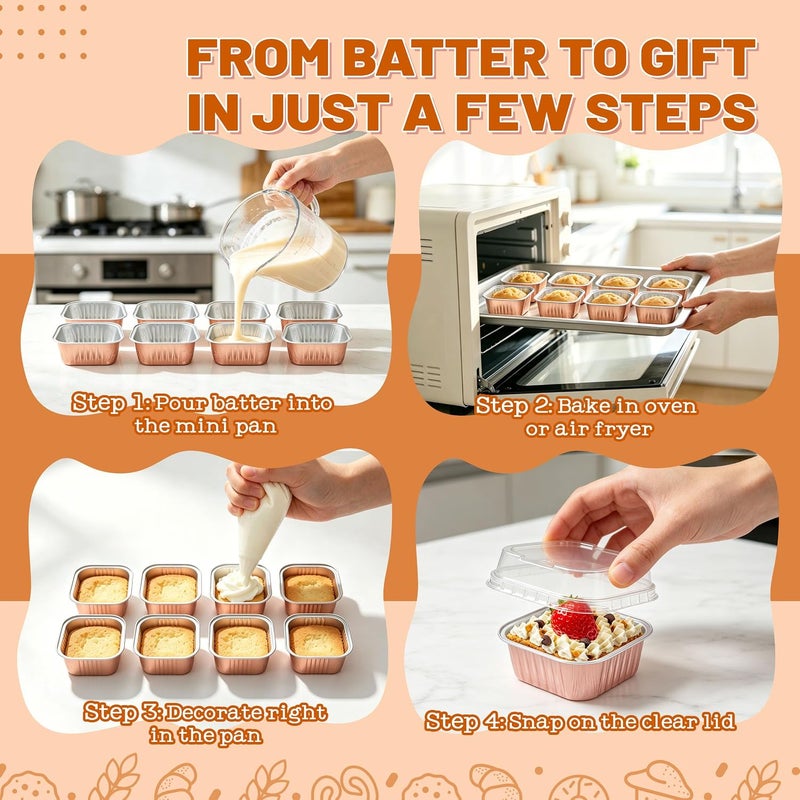 LOKQING NPLUX Mini Cake Pans with Lids, Spoons and Stickers, 50 Pack 5 oz Champagne Square Disposable Aluminum Foil Baking Pans for Brownies, Cheesecake, Pudding, Graduation Gifts Party Favors - Image 4