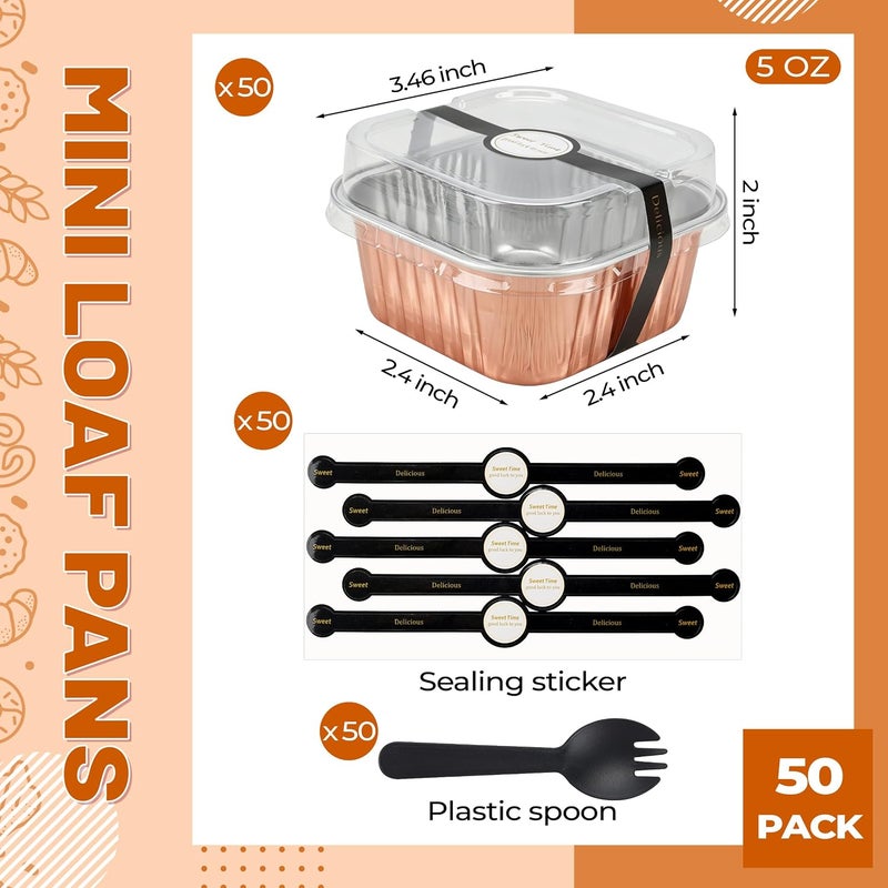 LOKQING NPLUX Mini Cake Pans with Lids, Spoons and Stickers, 50 Pack 5 oz Champagne Square Disposable Aluminum Foil Baking Pans for Brownies, Cheesecake, Pudding, Graduation Gifts Party Favors - Image 3