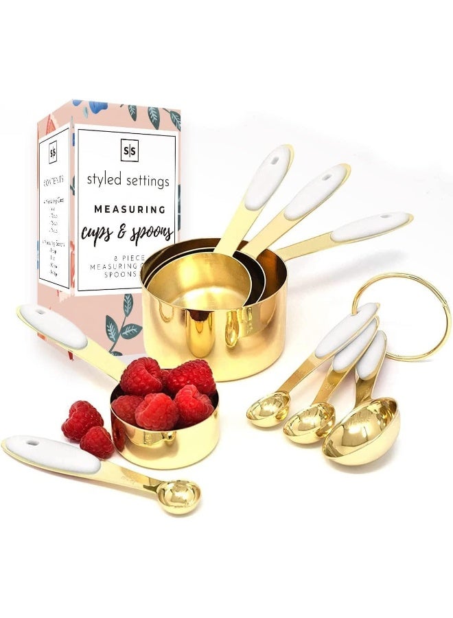 styled settings White And Gold Measuring Cups And Spoons Set - Cute 8Pieces Stainless Steel With Silicone Handle Kitchen Accessories  - Image 3