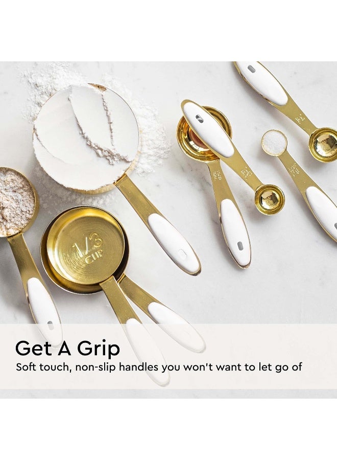 styled settings White And Gold Measuring Cups And Spoons Set - Cute 8Pieces Stainless Steel With Silicone Handle Kitchen Accessories  - Image 4