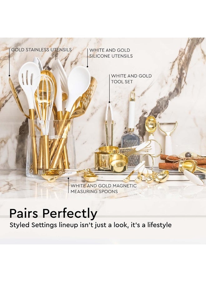 styled settings White And Gold Measuring Cups And Spoons Set - Cute 8Pieces Stainless Steel With Silicone Handle Kitchen Accessories  - Image 1