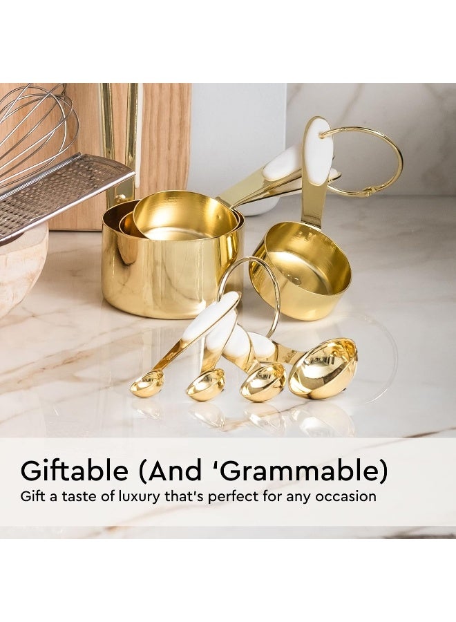 styled settings White And Gold Measuring Cups And Spoons Set - Cute 8Pieces Stainless Steel With Silicone Handle Kitchen Accessories  - Image 5