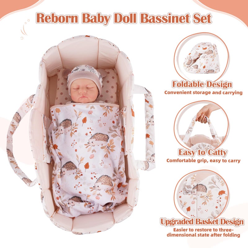 BABESIDE 3 Pcs Baby Doll Bassinet with Doll Bedding Set for 17-22 Inch Babydolls, Cute Animal Print Baby Dolls Crib with Blanket for Reborn Baby Doll Accessories, Off-White - Image 2