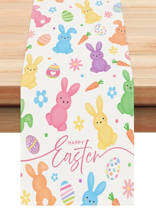 Bonhause Bunny Happy Easter Table Runner 13x72 Inch Spring Rabbit Easter Eggs Carrot Floral Kitchen Dining Table Decoration for Indoor Outdoor Home Party Decor - Image 1