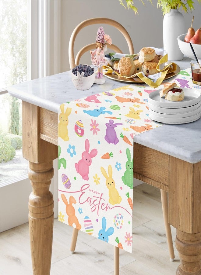 Bonhause Bunny Happy Easter Table Runner 13x72 Inch Spring Rabbit Easter Eggs Carrot Floral Kitchen Dining Table Decoration for Indoor Outdoor Home Party Decor - Image 3
