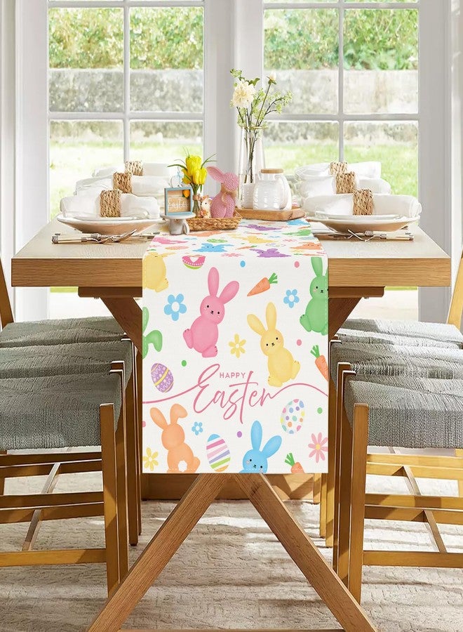 Bonhause Bunny Happy Easter Table Runner 13x72 Inch Spring Rabbit Easter Eggs Carrot Floral Kitchen Dining Table Decoration for Indoor Outdoor Home Party Decor - Image 2