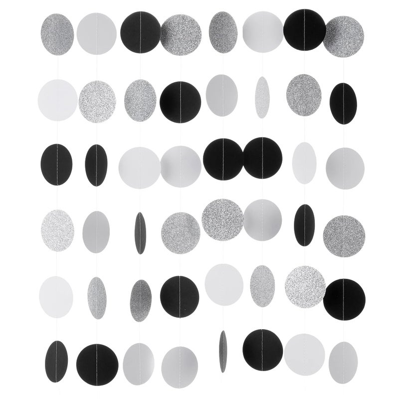 Black White Silver Glitter Paper Garland Circle Dot Streamer Banner for Graduation Bridal Shower Wedding Birthday Party Decorations 25 in Diameter 20 Feet in Total