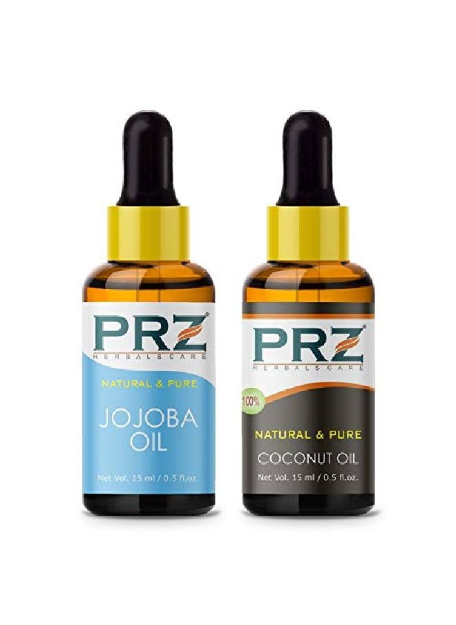 PRZ Combo of Cold Pressed Jojoba & Coconut Carrier Oil 100% Pure l & Therapeutic Grade Oil for Aromatherapy Body Massage Skin Care & Hair Growth (15ML Each)  - Image 1