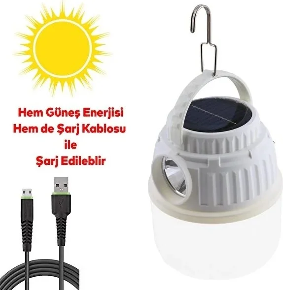 caddeoutlet Camping Lamp Solar Rechargeable Flashlight with USB Type-C Charging Output and Power Bank Feature Lithium 30W with Hanger