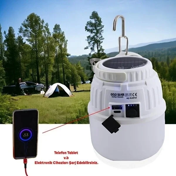 caddeoutlet Camping Lamp Solar Rechargeable Flashlight with USB Type-C Charging Output and Power Bank Feature Lithium 30W with Hanger