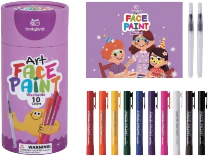 TOOKYLAND مجموعة طلاء الوجه القابلة للغسل من Tookyland، 10 ألوان مع فرشتين، طقم طلاء الوجه والجسم - Image 1