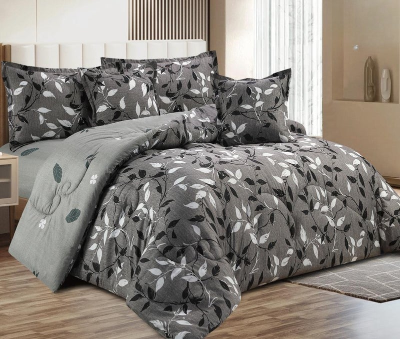 "Luxury" duvet set with a white and gray leaf pattern on a carbon fiber background