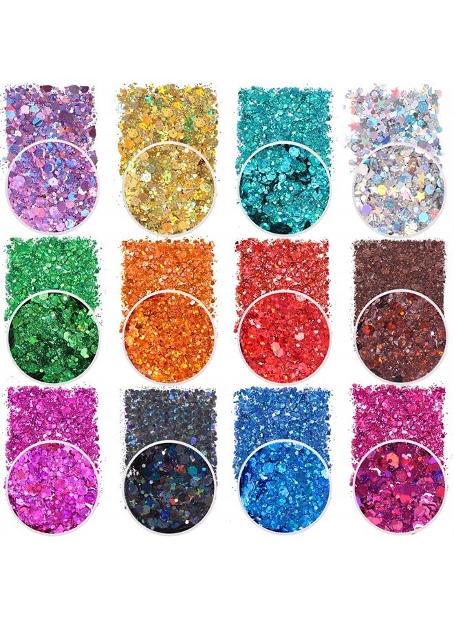 Estanoite Holographic Chunky Glitter Sequins, 12 Colors Mixed Cosmetic Glitter for Face Body Eye Hair Nail Art Lip Gloss Makeup, Festival Glitter with Different Hexagons Size and Stars (Laser Mix) - Image 1