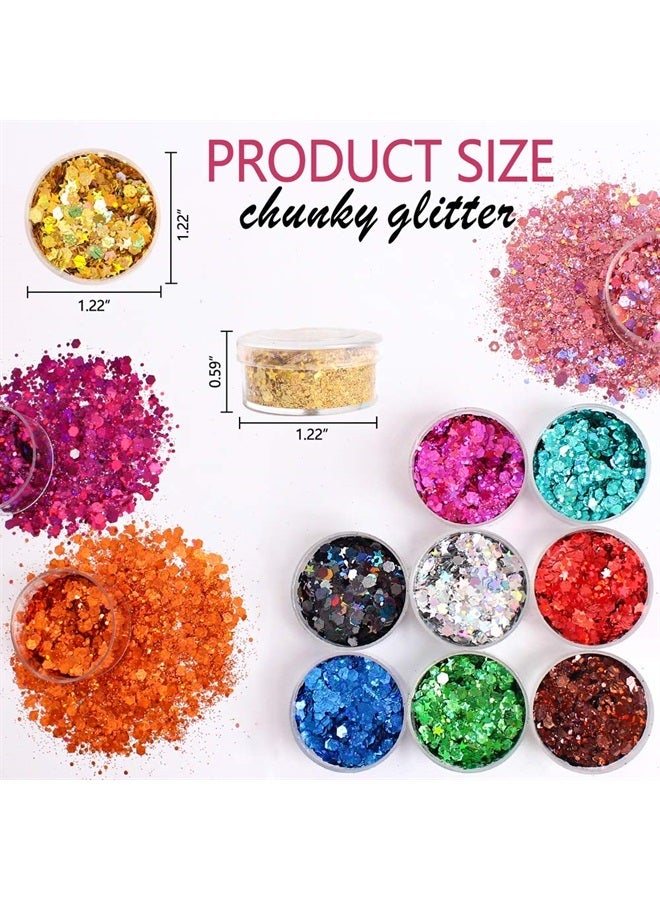 Estanoite Holographic Chunky Glitter Sequins, 12 Colors Mixed Cosmetic Glitter for Face Body Eye Hair Nail Art Lip Gloss Makeup, Festival Glitter with Different Hexagons Size and Stars (Laser Mix) - Image 2