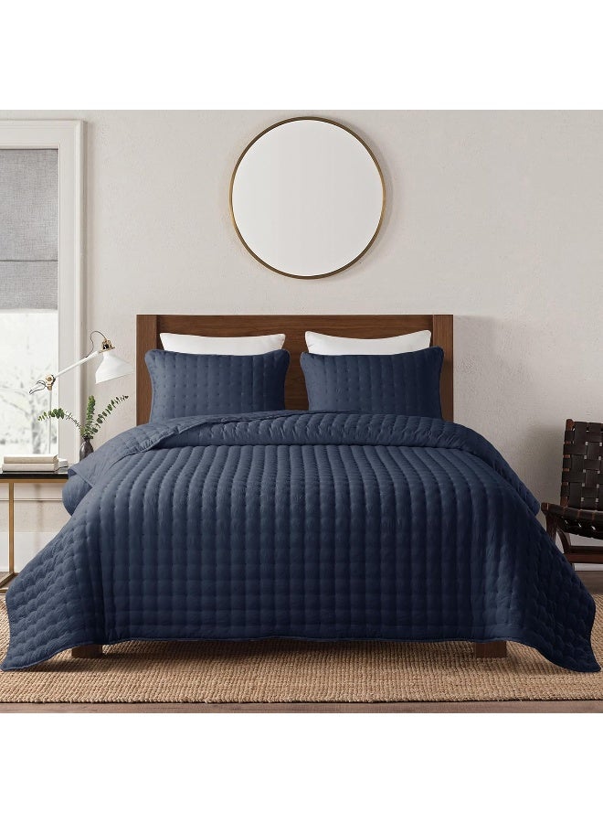 WDCOZY Navy Blue Queen Size Quilt Bedding Sets with Pillow Shams, Lightweight Soft Bedspread Coverlet, Quilted Blanket Thin Comforter Bed Cover, All Season Summer Spring, 3 Pieces, 90x90 inches - Image 2