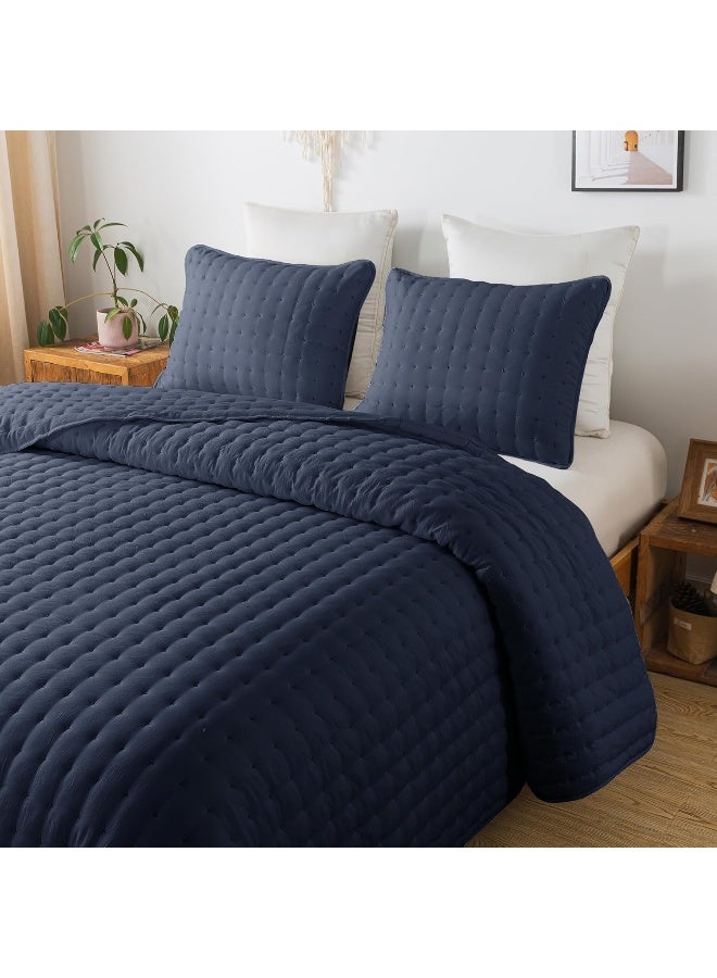 WDCOZY Navy Blue Queen Size Quilt Bedding Sets with Pillow Shams, Lightweight Soft Bedspread Coverlet, Quilted Blanket Thin Comforter Bed Cover, All Season Summer Spring, 3 Pieces, 90x90 inches - Image 1