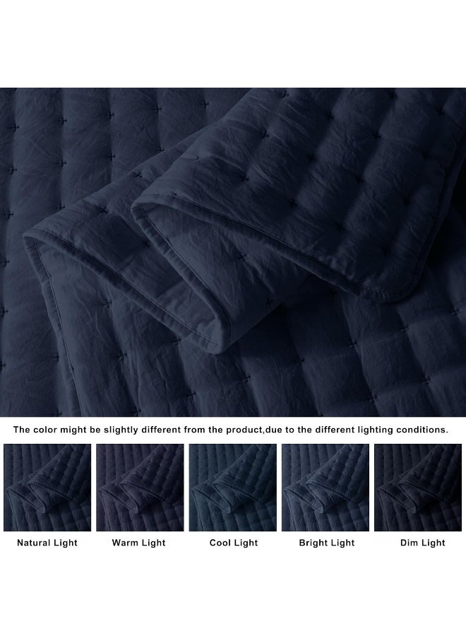 WDCOZY Navy Blue Queen Size Quilt Bedding Sets with Pillow Shams, Lightweight Soft Bedspread Coverlet, Quilted Blanket Thin Comforter Bed Cover, All Season Summer Spring, 3 Pieces, 90x90 inches - Image 4