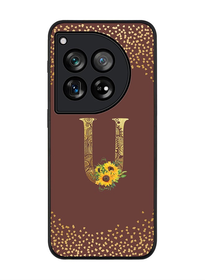 Stylizedd Rugged Black edge case for OnePlus 12R / OnePlus Ace 3 5G, Slim fit Soft Cover - Custom Monogram Initial Letter Floral Pattern Alphabet - U (Brown) - Image 1