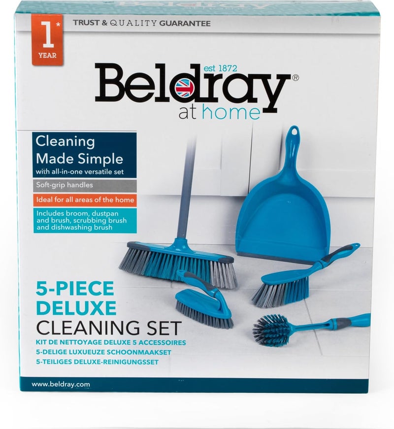Beldray LA024152TQ 5 Piece Cleaning Set - Soft Bristle Broom Dustpan and Brush, Scrubbing Brush and Dish Brush, Cleaning Utensils, Spring Cleaning Kit, Sweeping, Soft Handles, Turquoise - Image 2