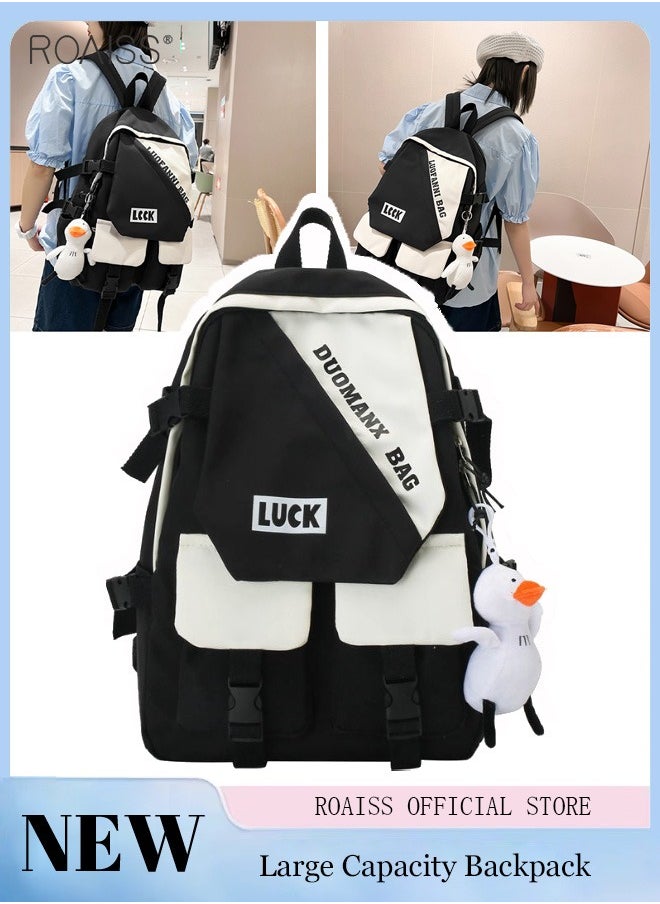 roaiss - Casual Patchwork Color Contrast Duckling Pendant Backpack Fashion Versatile High Capacity School Bag Simple Multi Pocket Travel Student Computer Backpack - Image 1