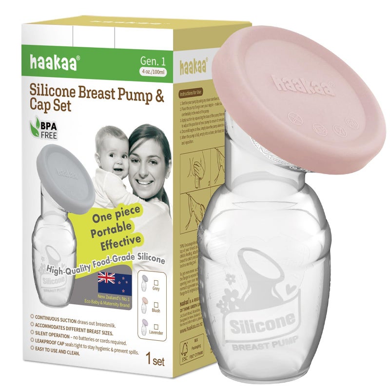 haakaa Manual Breast Pump Breastfeeding Pump with Food Grade Silicone Cap (Blush) 4oz/100ml - Image 1