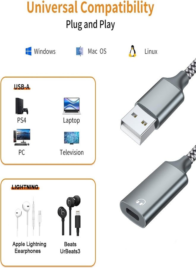 LecLooc USB A to Lightning Audio Adapter Cable USB 3.0 Male to Lightning Female HiFi Audio Headphones Converter Fit with USB A MacBook Computer PC Support Volume Control Mic Nylon Braided (Grey) - Image 2