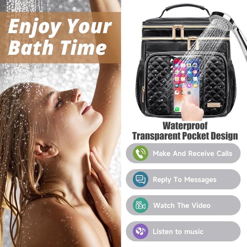 Tealari Large Leather Toiletry Bag for Women Men,Bathroom Bag,Water Resistant Shower Bag,Makeup Bag,Portable Shower Caddy for College Dorm,Hanging Travel Toiletry Bag with Transparent Waterproof Phone Pocket - Image 3
