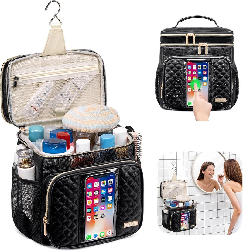 Tealari Large Leather Toiletry Bag for Women Men,Bathroom Bag,Water Resistant Shower Bag,Makeup Bag,Portable Shower Caddy for College Dorm,Hanging Travel Toiletry Bag with Transparent Waterproof Phone Pocket - Image 2
