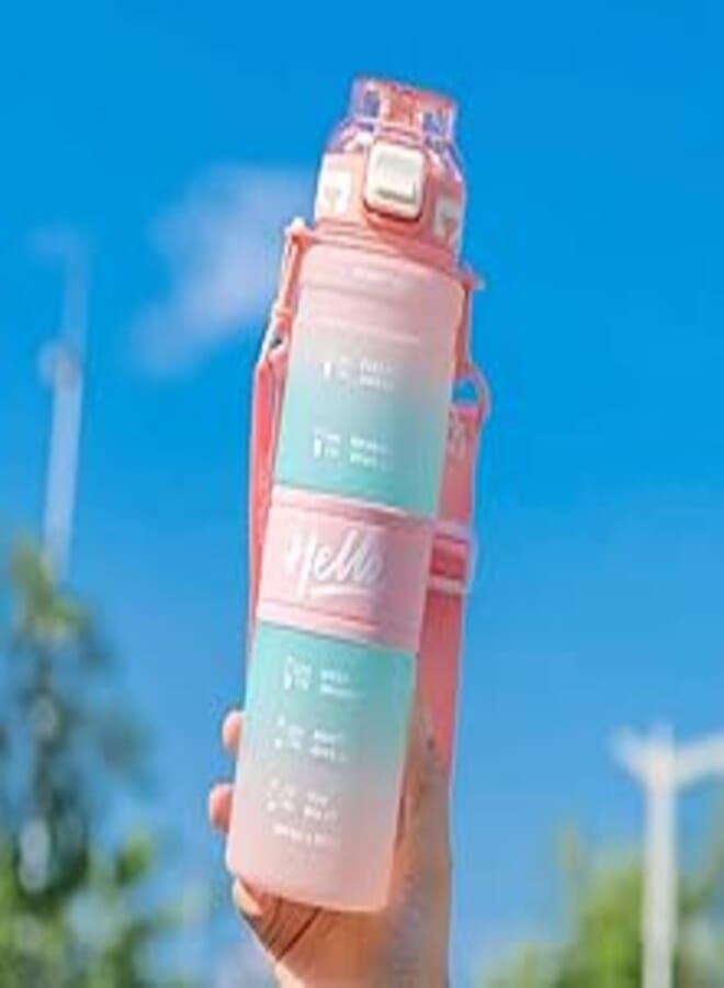 Fitness Sports Water Bottle, New Fitness Yoga Water Cup Portable Outdoor Gradient Color Large Capacity Travel Kettle Single Shoulder Strap 1000ml (Pink)
