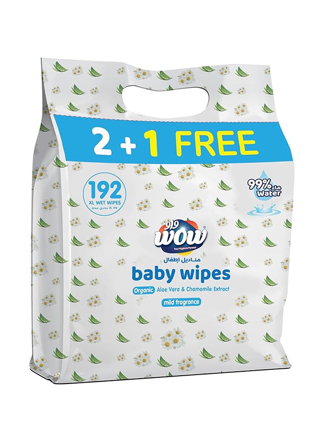 WOW Baby Wipes - Mild Fragrance 99% Water Wipes | Extra Thick Long Wipes with Organic Aloe Vera, Chamomile Extract and Vitamin E, Gentle on sensitive skin|64's (2 + 1) value pack, 192 Wipes