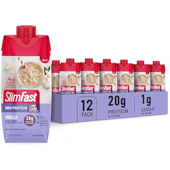SlimFast Protein Shake, Vanilla- 20g Protein, Meal Replacement Shake Ready to Drink, High Protein with Low Carb and Low Sugar, 24 Vitamins and Minerals, 12 Count (Pack of 1) (Packaging May Vary) - Image 1