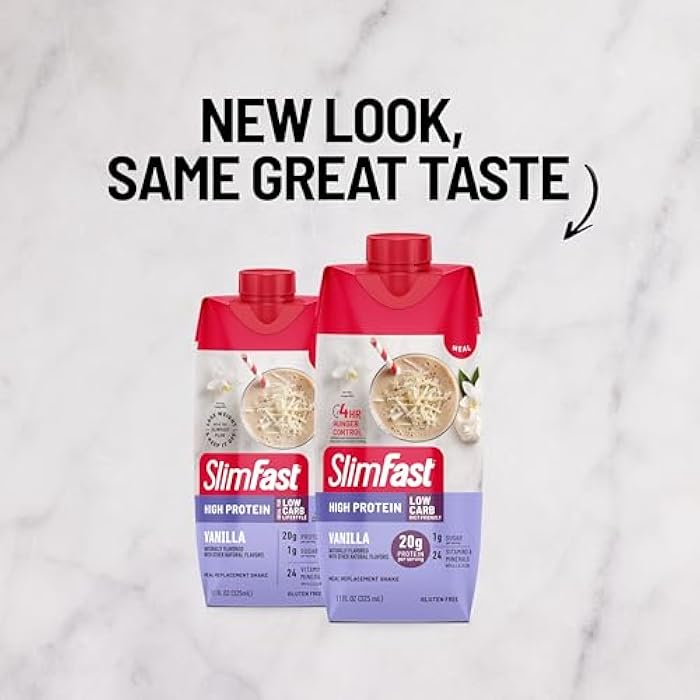 SlimFast Protein Shake, Vanilla- 20g Protein, Meal Replacement Shake Ready to Drink, High Protein with Low Carb and Low Sugar, 24 Vitamins and Minerals, 12 Count (Pack of 1) (Packaging May Vary) - Image 2