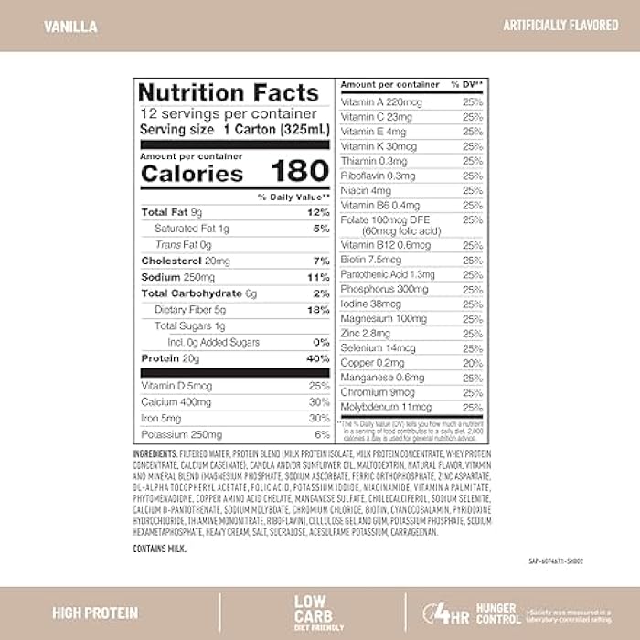 SlimFast Protein Shake, Vanilla- 20g Protein, Meal Replacement Shake Ready to Drink, High Protein with Low Carb and Low Sugar, 24 Vitamins and Minerals, 12 Count (Pack of 1) (Packaging May Vary) - Image 4