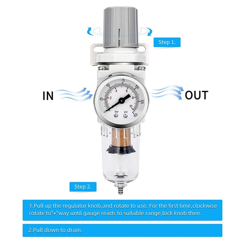 NANPU 1/4" NPT Compressed Air Filter Regulator Combo Piggyback, 5 Micron Brass Element, Poly Bowl, Semi-Auto Drain, Metal Bracket, 0-150 psi Gauge, Ball Valve - Image 2