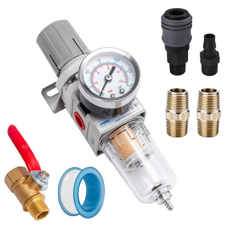 NANPU 1/4" NPT Compressed Air Filter Regulator Combo Piggyback, 5 Micron Brass Element, Poly Bowl, Semi-Auto Drain, Metal Bracket, 0-150 psi Gauge, Ball Valve - Image 1