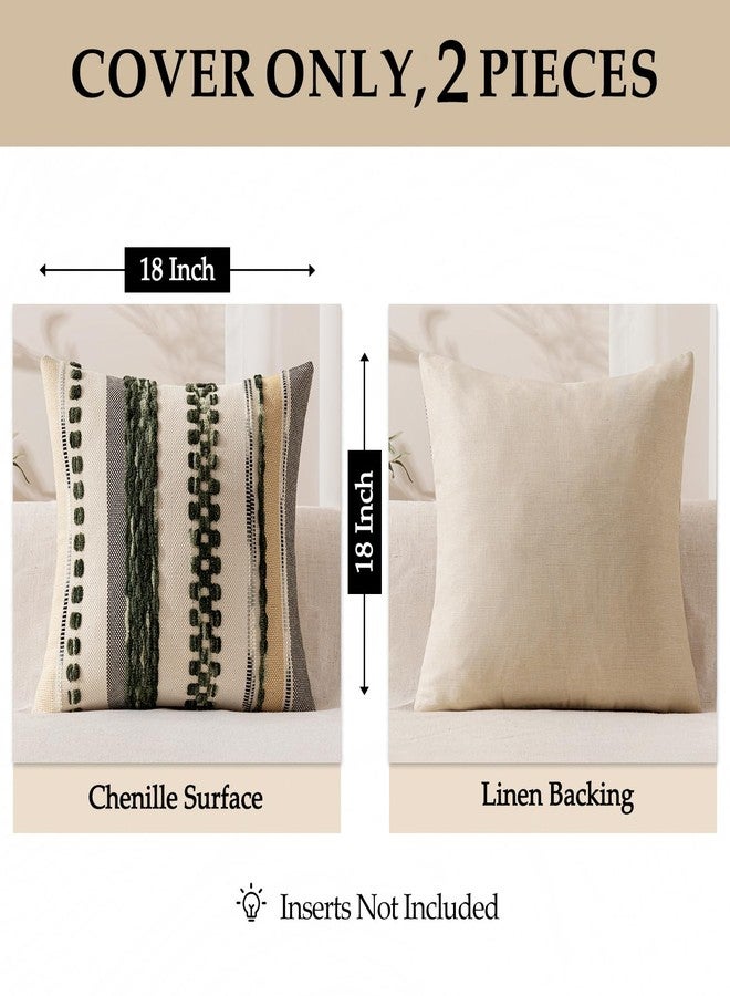 ANRODUO Pack of 2 Boho Decorative Throw Pillow Covers 18x18 Farmhouse Cushion Case Striped Chenille Pillow Cases Square Pillow Covers Accent Neutral Pillowcase for Sofa Couch Bed, Dark Green Stripe - Image 4