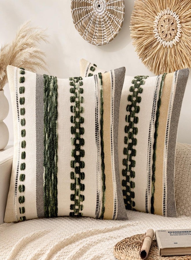 ANRODUO Pack of 2 Boho Decorative Throw Pillow Covers 18x18 Farmhouse Cushion Case Striped Chenille Pillow Cases Square Pillow Covers Accent Neutral Pillowcase for Sofa Couch Bed, Dark Green Stripe - Image 1