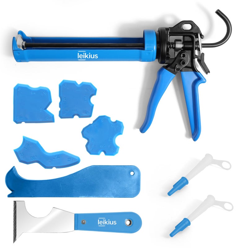 Leikius PRO Caulk Gun Kit Heavy Duty Silicone Caulking Gun Thrust Ratio 25:1 No-drip Rotating Barrel and Caulking Tools,Sealant Tools Grout Scraper For Kitchen Bathroom Sink Joint,With Gift Box - Image 1