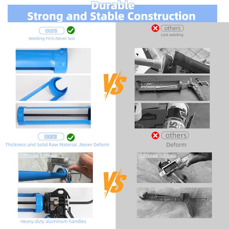 Leikius PRO Caulk Gun Kit Heavy Duty Silicone Caulking Gun Thrust Ratio 25:1 No-drip Rotating Barrel and Caulking Tools,Sealant Tools Grout Scraper For Kitchen Bathroom Sink Joint,With Gift Box - Image 3