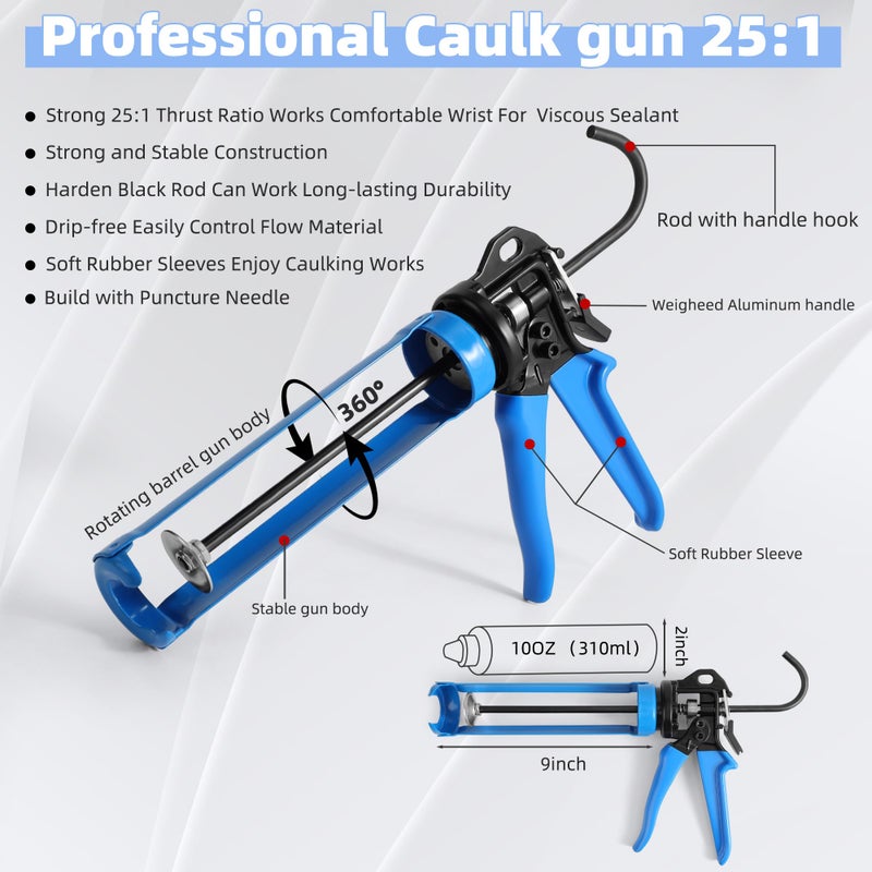 Leikius PRO Caulk Gun Kit Heavy Duty Silicone Caulking Gun Thrust Ratio 25:1 No-drip Rotating Barrel and Caulking Tools,Sealant Tools Grout Scraper For Kitchen Bathroom Sink Joint,With Gift Box - Image 2