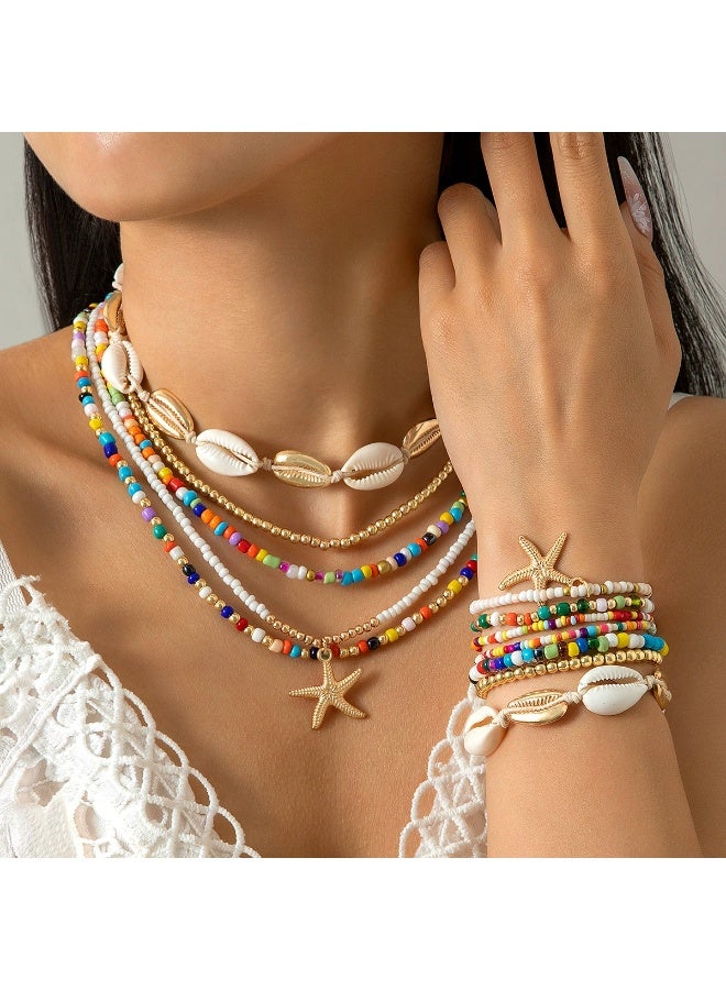 Ambrette 12-Piece Bohemian Rice Grain Necklaces & Bracelets Set, Shell & Star Charms, Multi-Style Summer Beach Party Jewelry for Women, Handmade Beaded Accessories, Perfect Festival & Holiday Gift - Image 1