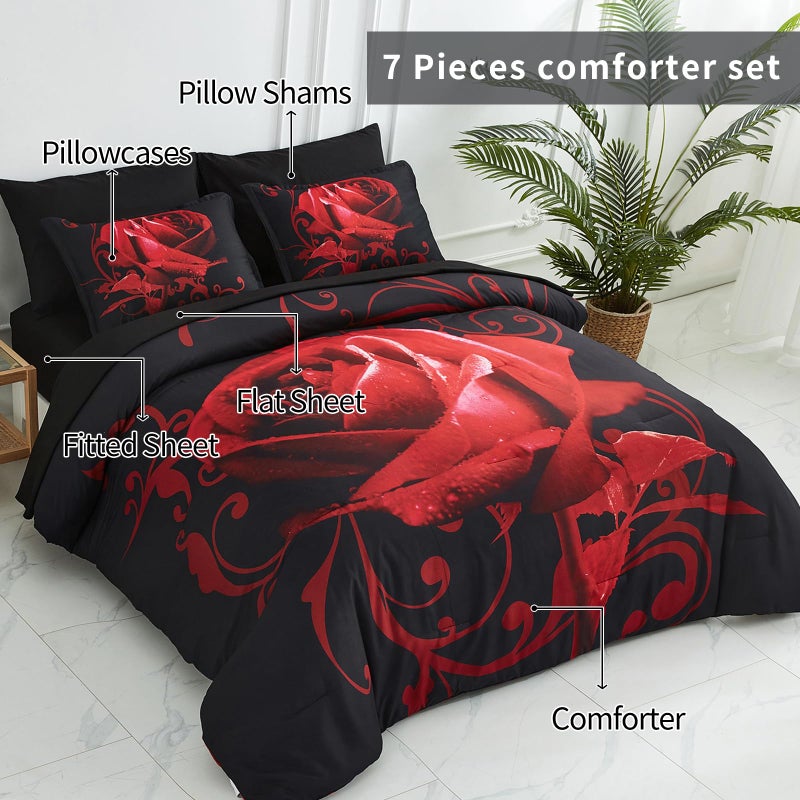 Xruibed Red Comforter Set Queen 7 Piece Bed in a Bag Red Rose Flower Comforter with Sheet Set Soft Micorfiber Reversible Bedding Set (1 Comforter,2 Pillow Shams,1 Flat Sheet,1 Fitted Sheet,2 Pillowcases) - Image 3