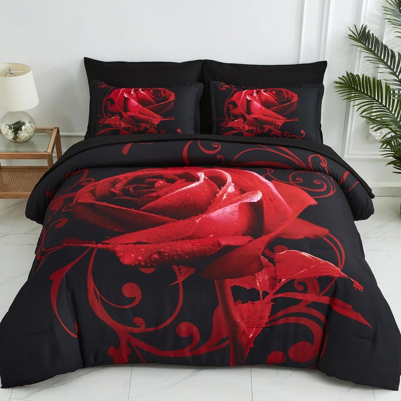 Xruibed Red Comforter Set Queen 7 Piece Bed in a Bag Red Rose Flower Comforter with Sheet Set Soft Micorfiber Reversible Bedding Set (1 Comforter,2 Pillow Shams,1 Flat Sheet,1 Fitted Sheet,2 Pillowcases) - Image 1