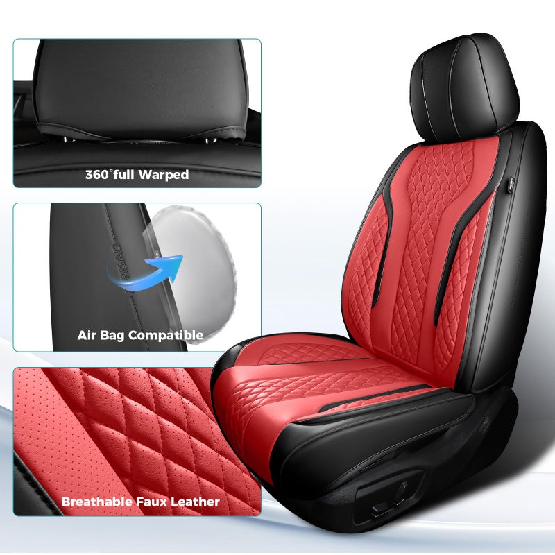 FEINEPRO Leather Car Seat Covers Full Set, Breathable Faux Leather Seat Covers for Cars SUV Sedan Waterproof BlackRed - Image 2