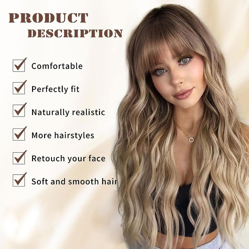 Lativ Blonde Wig With Bangs Long Wavy Curly Ombre Wig with Dark Root Synthetic Heat Resistant Wigs for Women Daily Party Use 26 Inches - Image 2